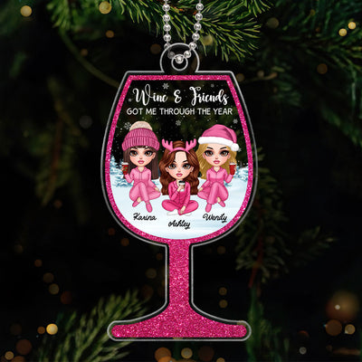 Wine Glass Pink Besties Sisters Personalized Acrylic Ornament, Christmas Gift