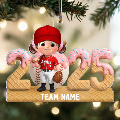 3D Effect Ice Cream Drip Sprinkles Kid Girl Boy Baseball Player - Personalized Acrylic Ornament - Christmas Gift For Kids, Granddaughter, Grandson, Daughter, Son