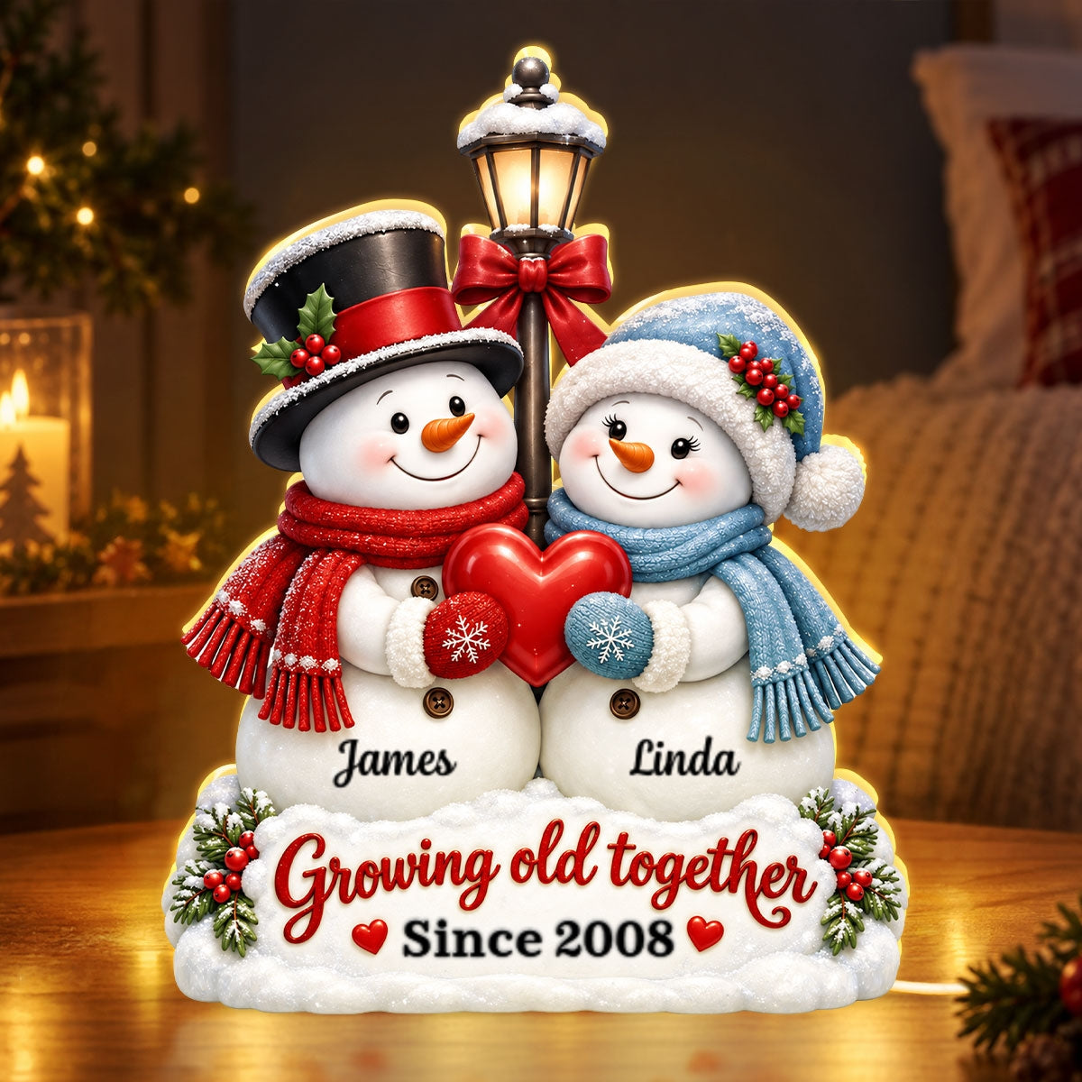 Snowman Couple Growing Old Together - Personalized Light Box - Heartfelt Christmas Gift for Her, for Him