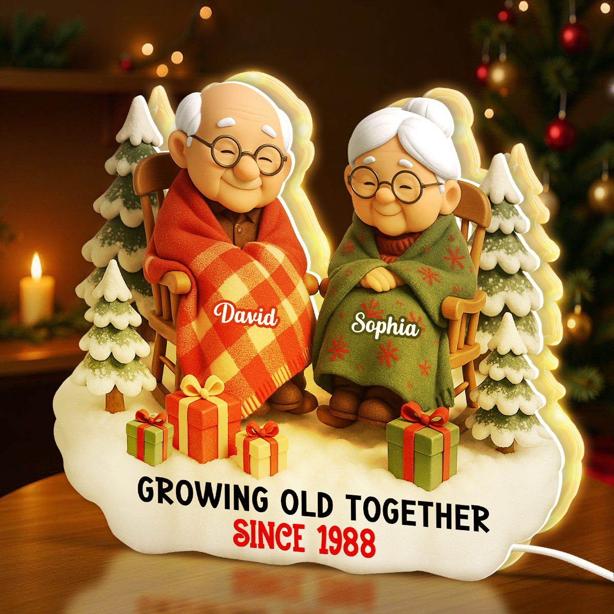 Cozy Elderly Couple Sitting Together - Personalized Light Box - Heartwarming Christmas Gift for him, Gift for her