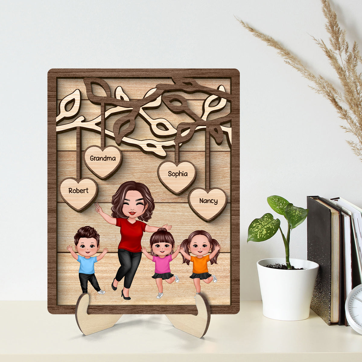 Happy Grandma Grandkids Under Tree Personalized 2-layer Wooden Plaque