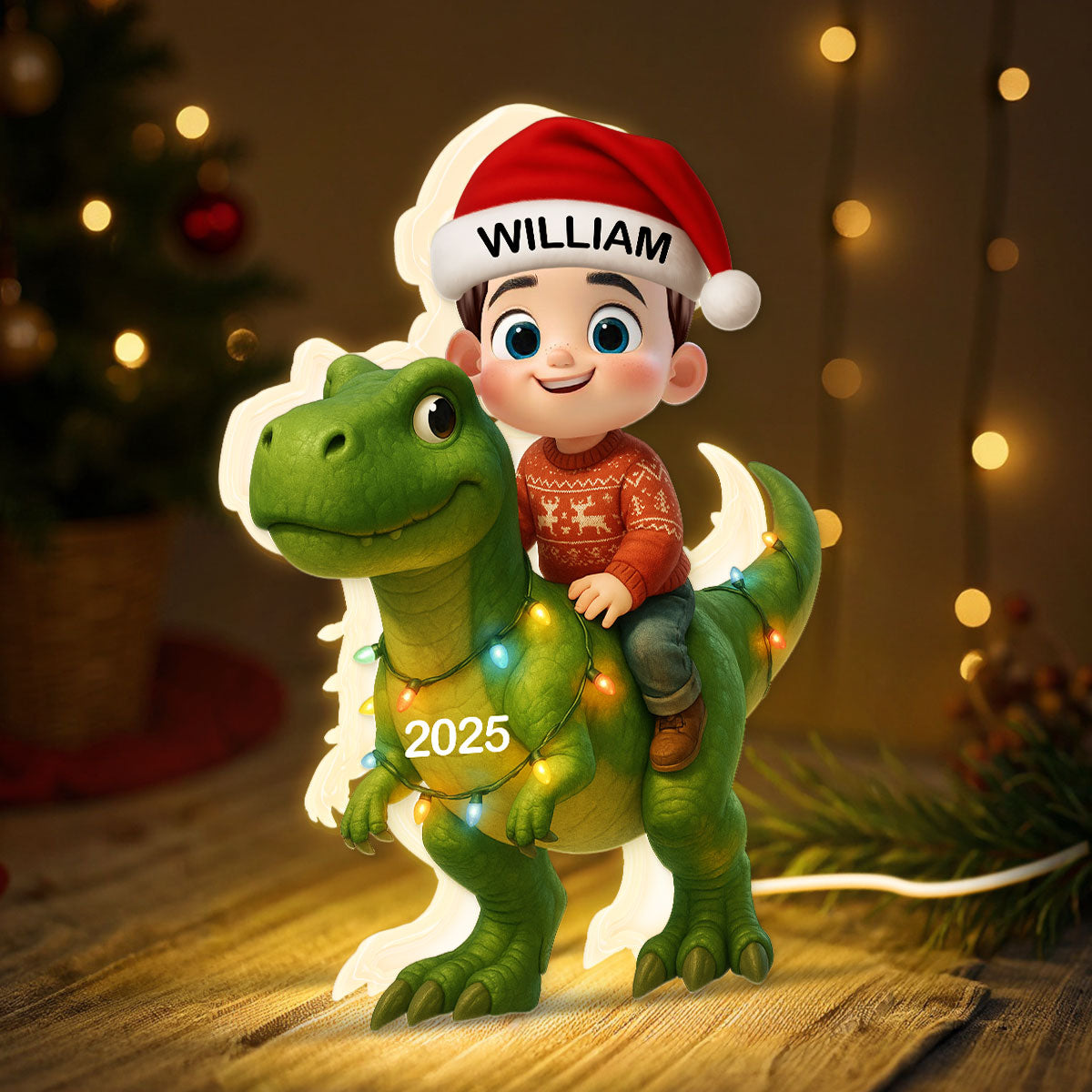 3D Effect Cute Cartoon Kid With Dinosaur Christmas Personalized LED Light Box