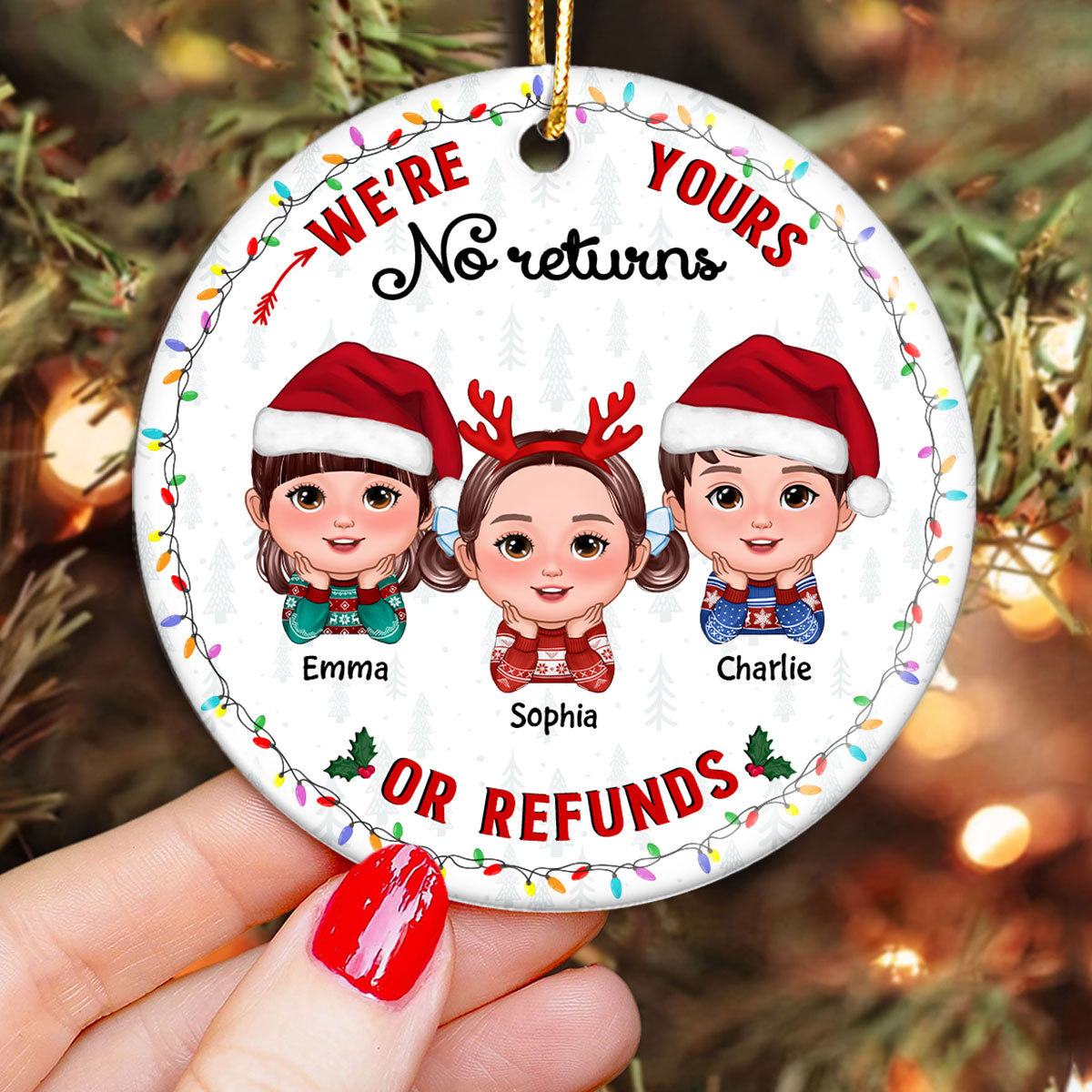 No Returns Or Refunds Grandkids Christmas Light Frame Personalized Circle Ceramic Ornament