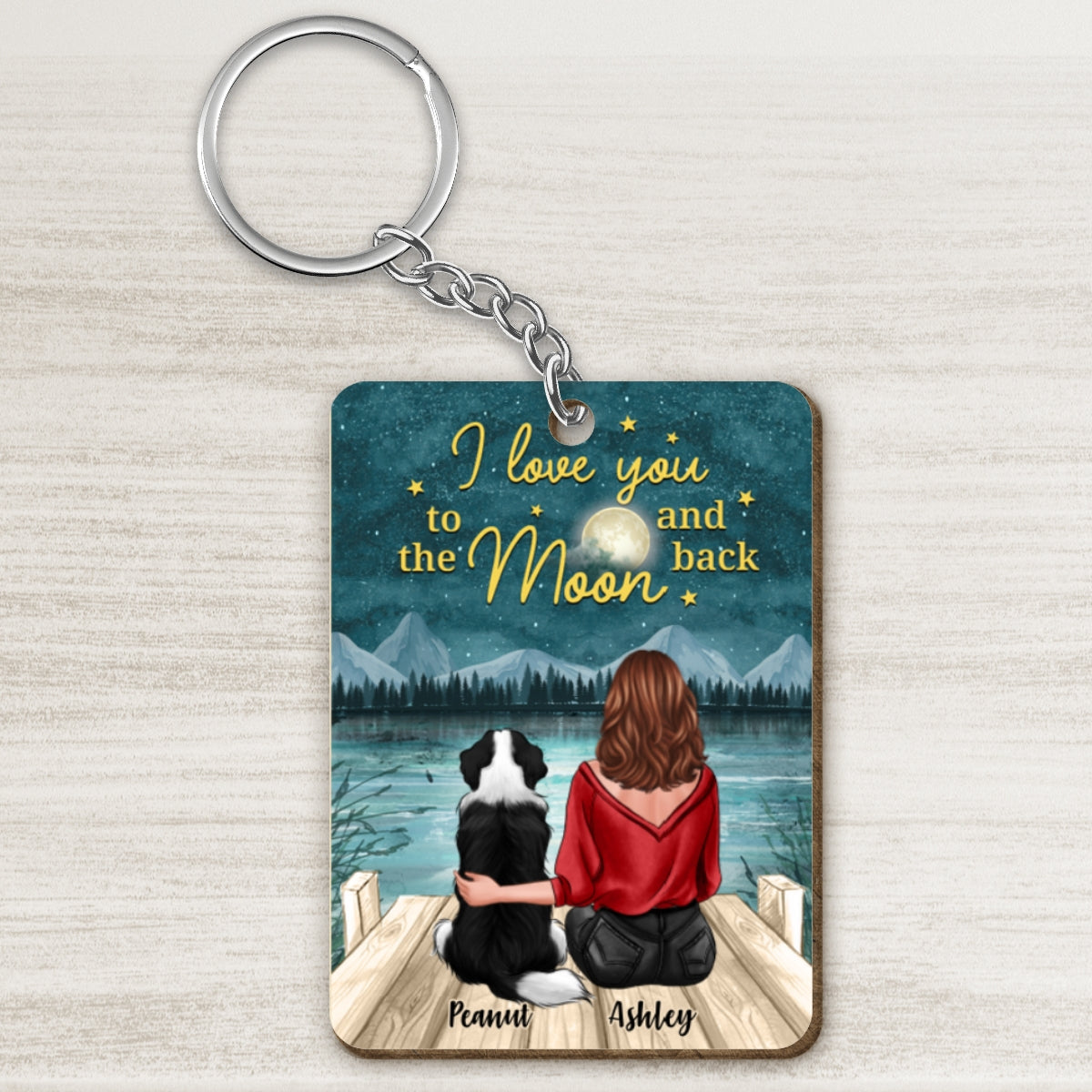 Back View Woman Sitting With Dogs I Love You To The Moon And Back Personalized Wooden Keychain