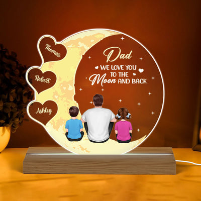Best Dad Ever I Love You To The Moon And Back Back View Man Sitting With Kids Dogs Cats Personalized Custom Shape Acrylic Plaque Warm LED Night Light