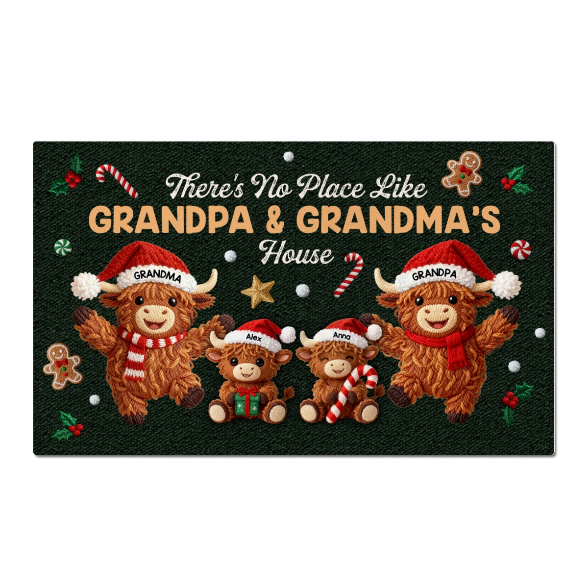 3D Faux Crochet Effect Christmas Grandma Grandkids Highland Cow Together - Personalized Doormat