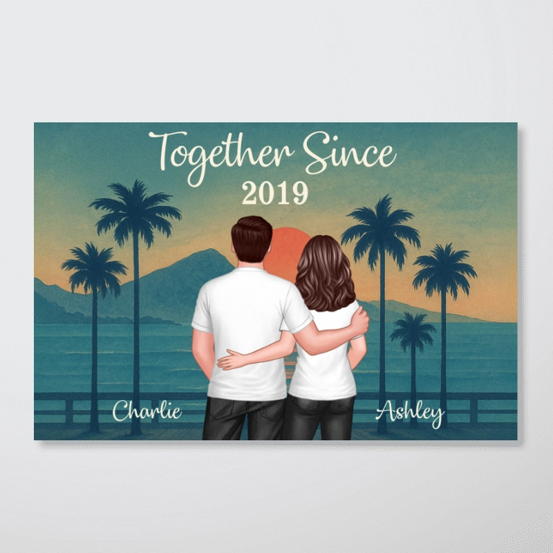Retro Back View Couple Standing Hugging Personalized Poster, Anniversary gift for him, for her