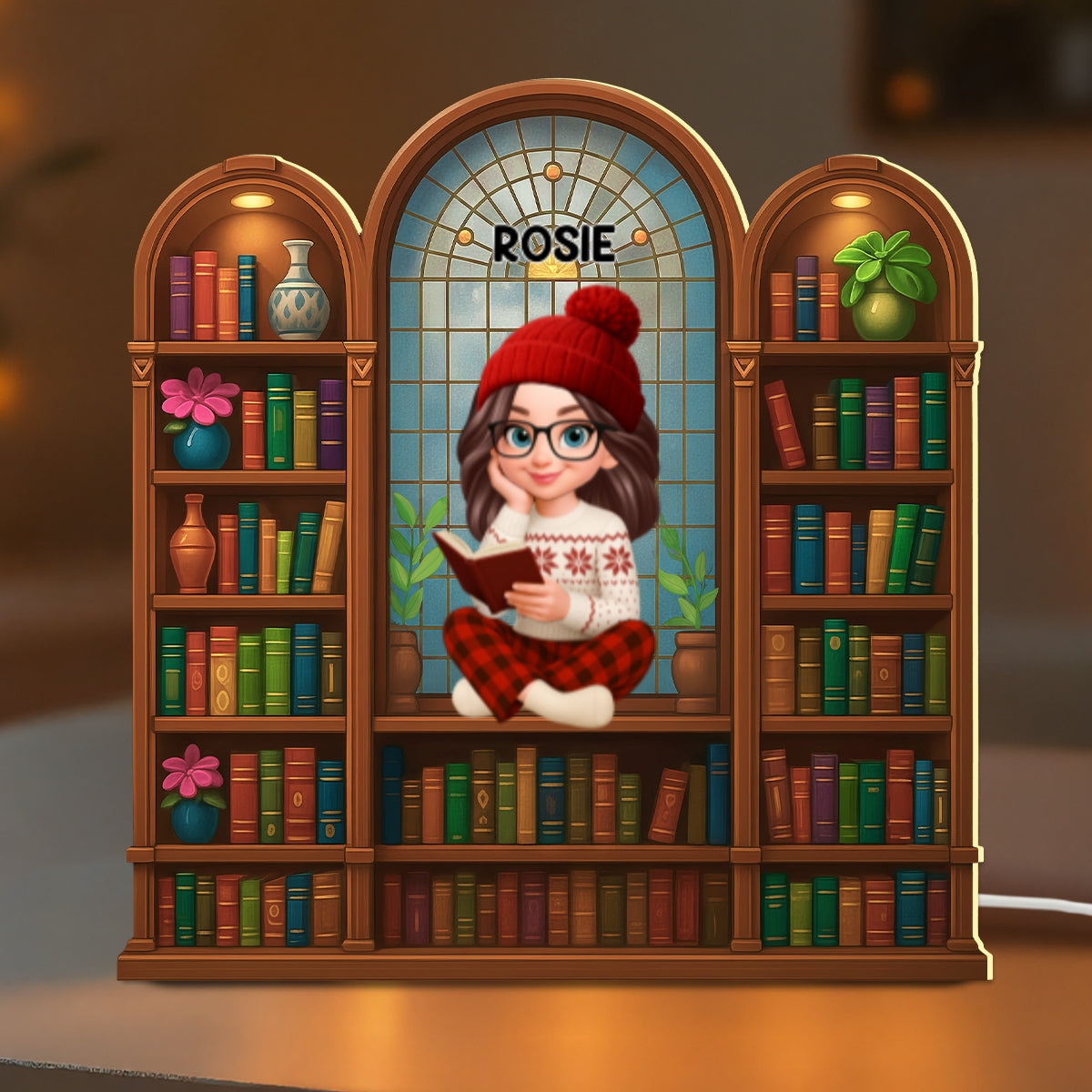 Christmas Cozy Vibe Pretty Girl Reading Book In Arched Bookshelf - Personalized Light Box