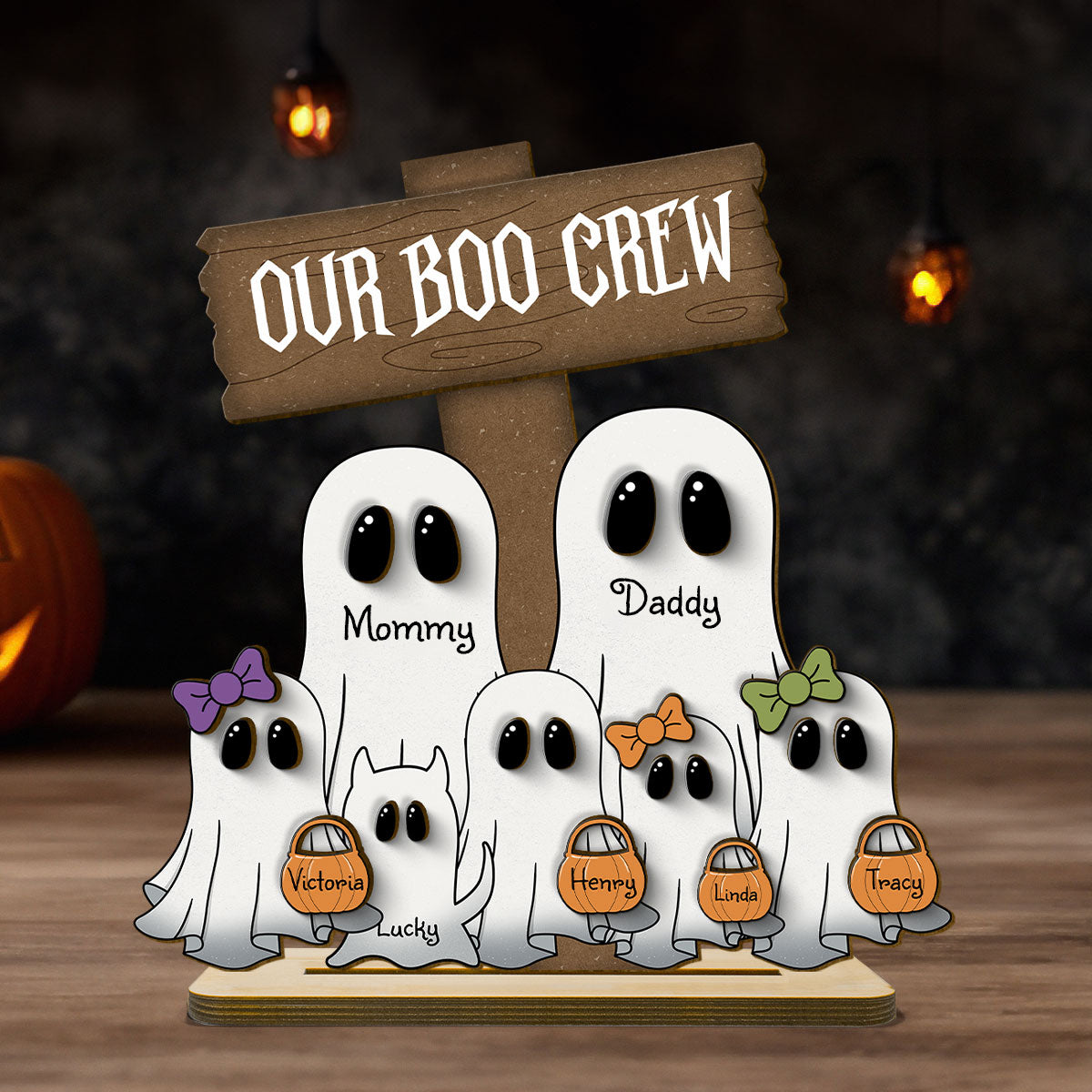 Grandma Family Boo Crew Personalized 2-Layer Standing Wooden Plaque, Halloween Decor