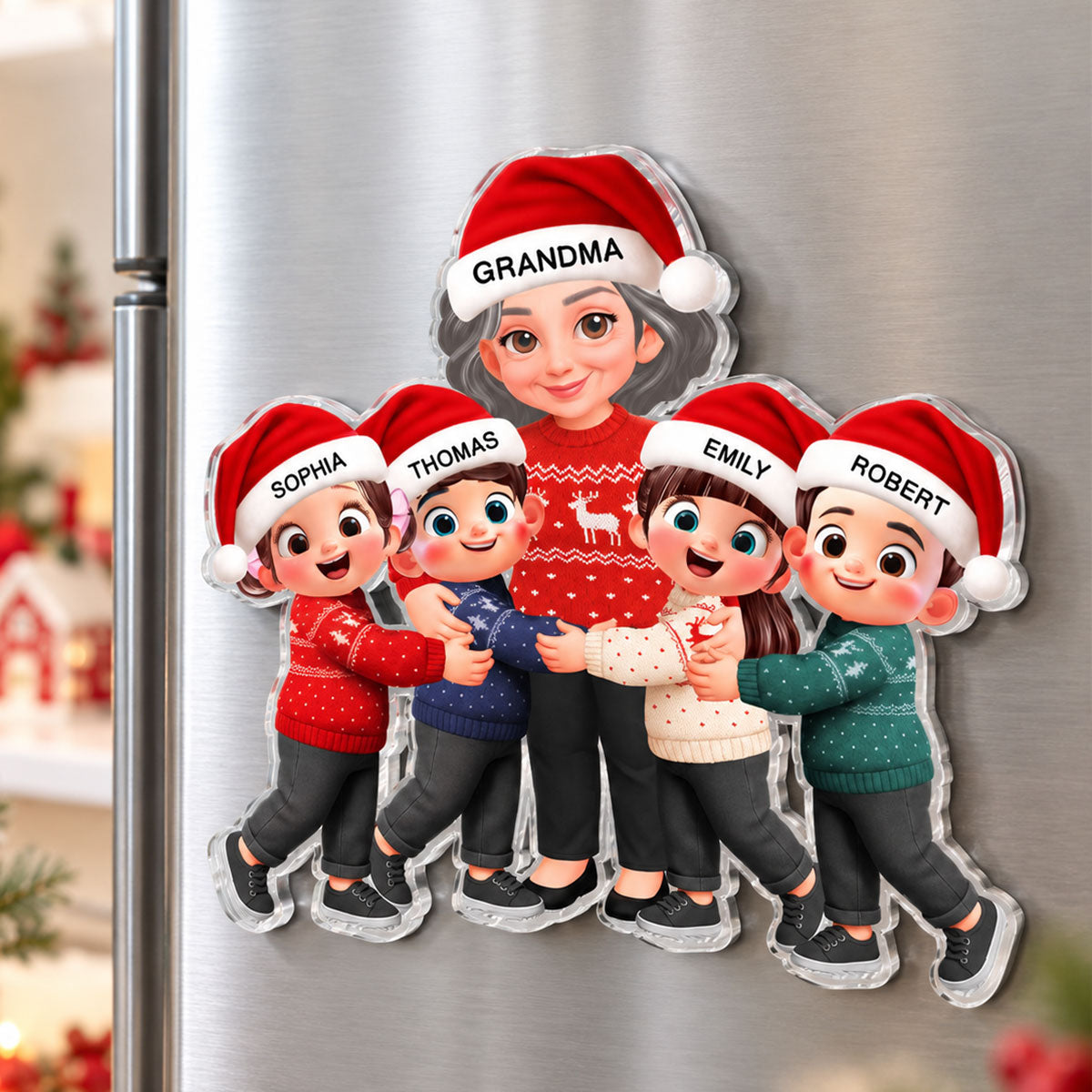 Endless Love Christmas Grandma Hugging Grandkids - Personalized Acrylic Fridge Magnet - Gift For Grandma, Grandkids