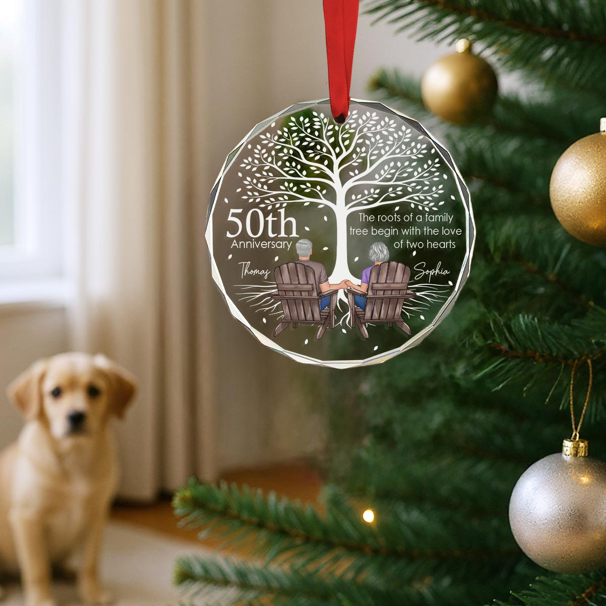 Old Couple Under Tree Anniversary Marriage Gifts for Couple Personalized Glass Ornament, Anniversary Keepsake Gift