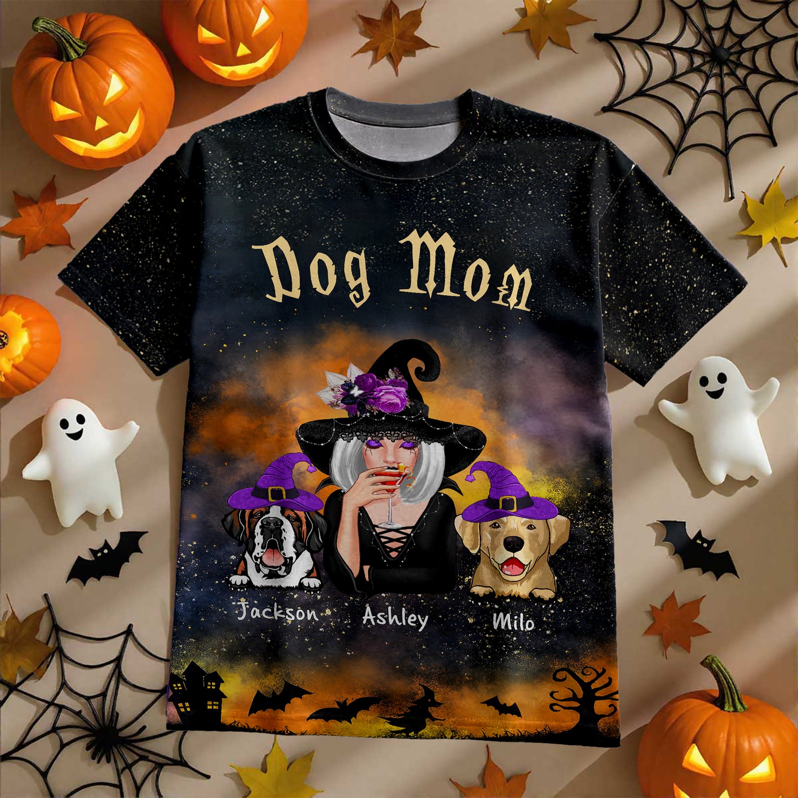 Pretty Witch Dog Mom Witchy Ombre Tie-Dye Pattern Personalized Shirt, Pawfect Costume for Dog Lover