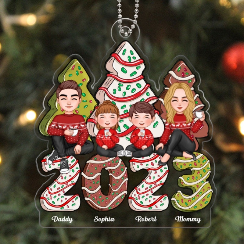 Cute Family Sitting Christmas Tree Cake Patterned Personalized Acrylic Ornament
