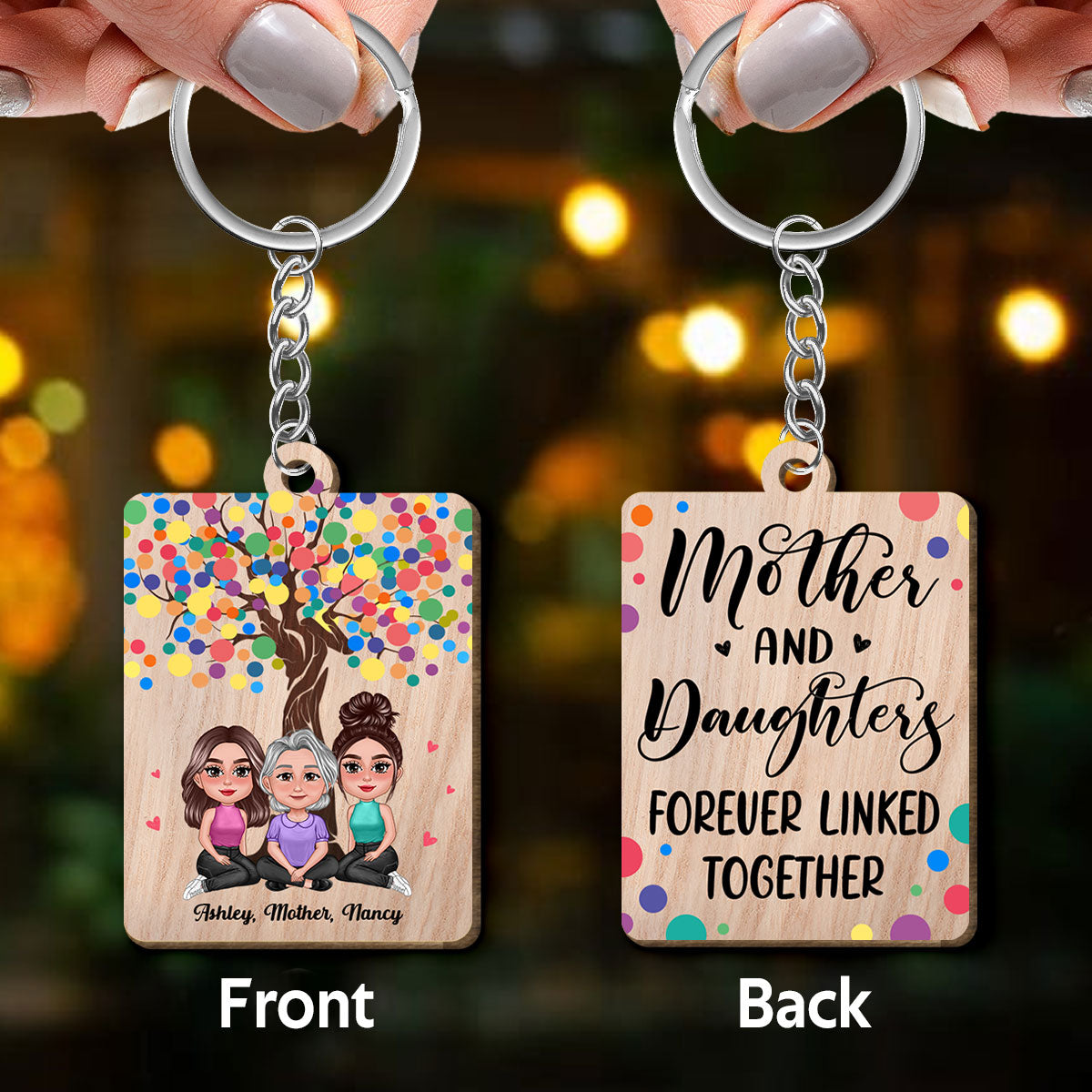 Pretty Doll Mother Daughters Under Tree Personalized Wooden Keychain