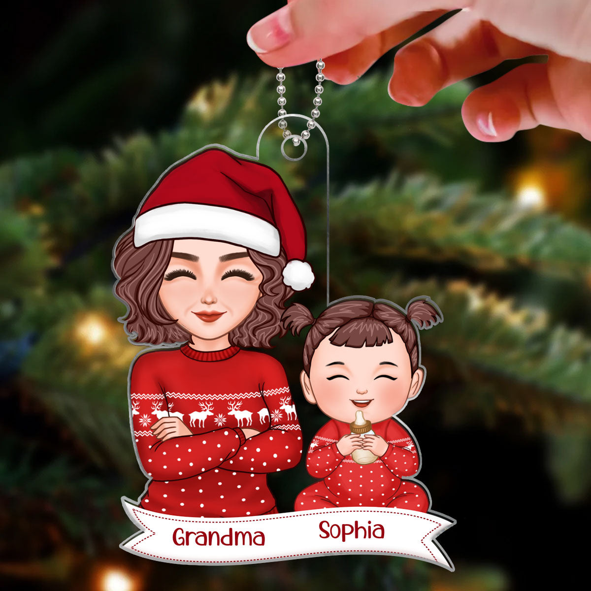 Pretty Grandma Grandkid Smiling Baby's First Christmas Acrylic Ornament - Personalized Gift For Grandma