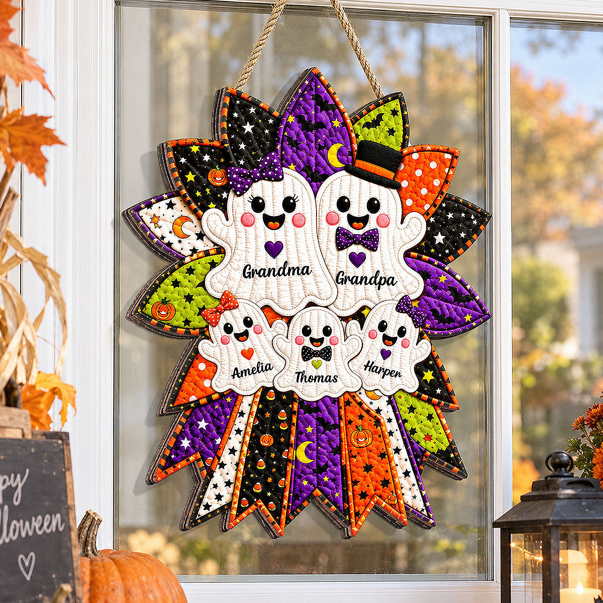 Quilted Effect Wreath Ghost Family 2D Flat - Personalized Wooden Sign - Halloween Decor for Grandma & Grandpa
