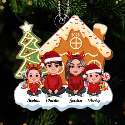 Family Crossed Legs Sitting Christmas Tree Cake Patterned Gingerbread House Personalized Acrylic Ornament