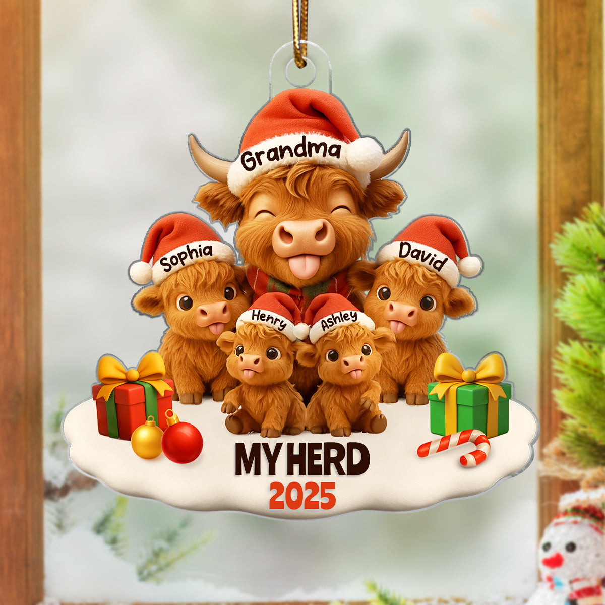 Grandma Grandkids Highland Cow Personalized Acrylic Ornament, Christmas Gift for Grandma, Grandkids