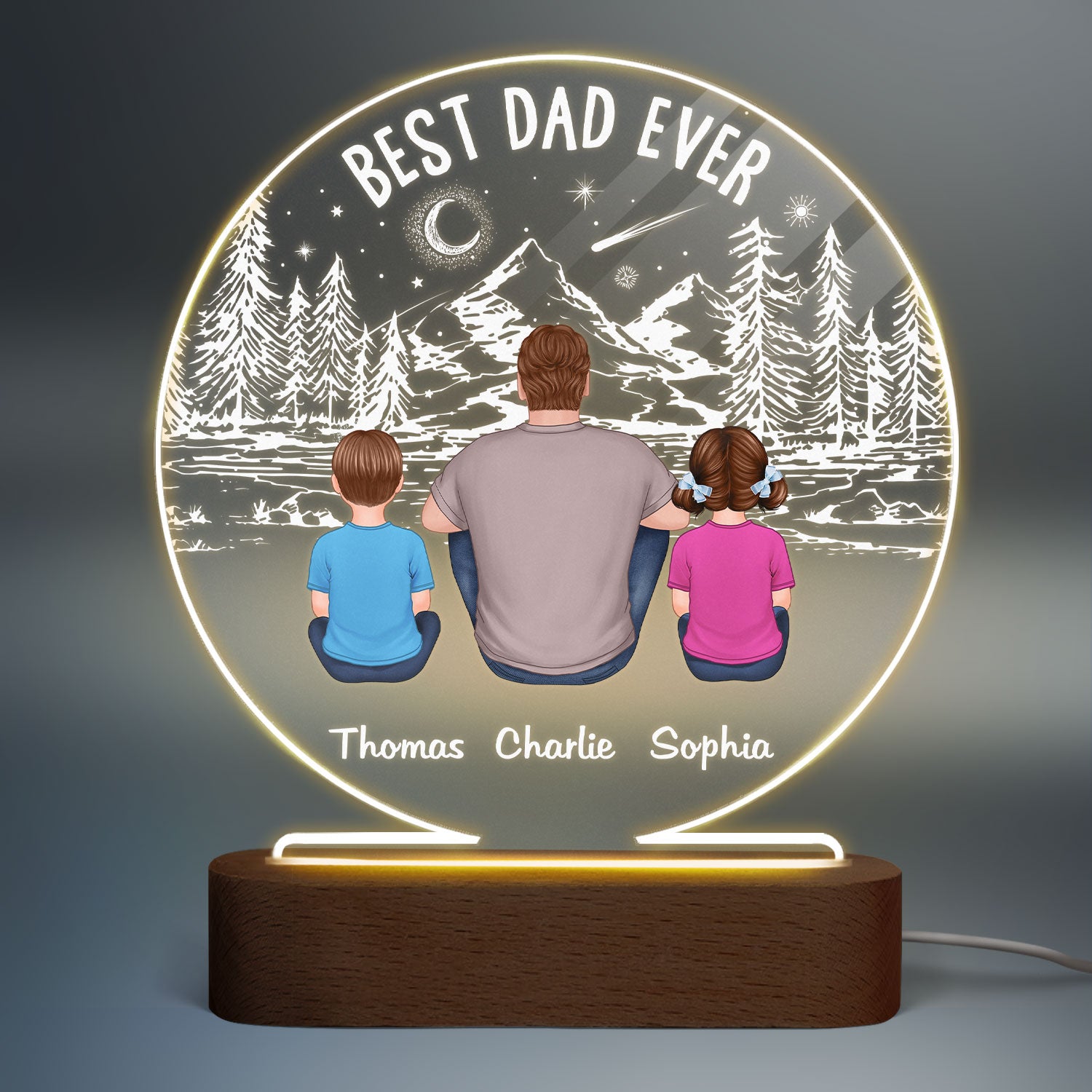 Best Dad Ever Mountain Forest Personalized Circle LED Night Light