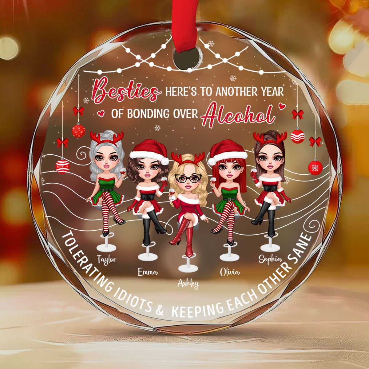 Besties Here's To Another Year Of Bonding Over Alcohol Personalized Glass Ornament, Funny Christmas Gift For Best Friends