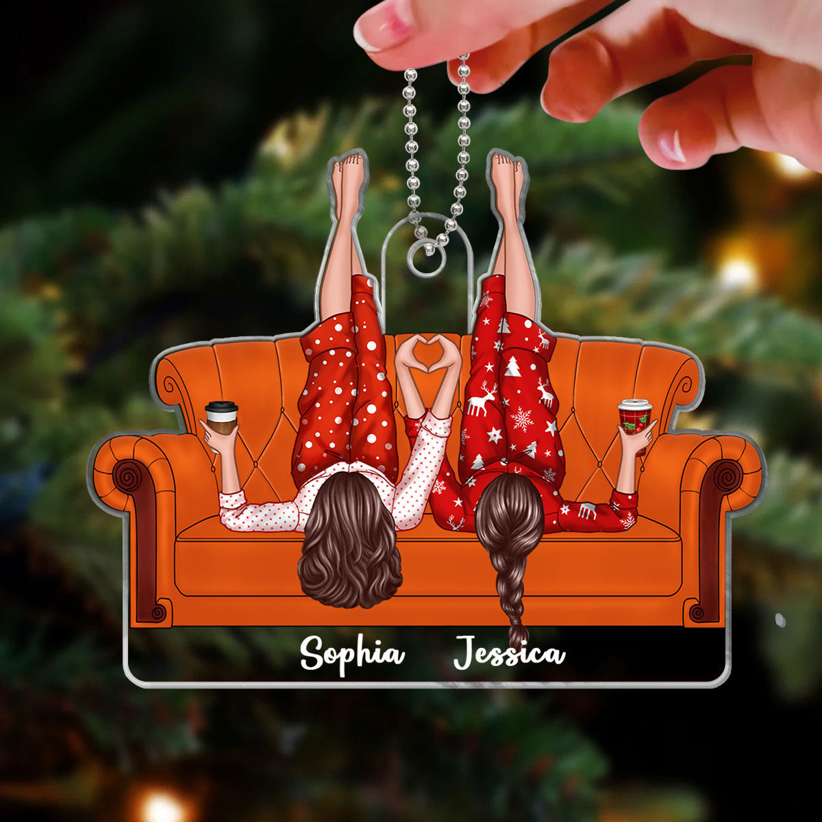 Friends Sisters Besties Lying On Couch Personalized Acrylic Ornament, Christmas Gift