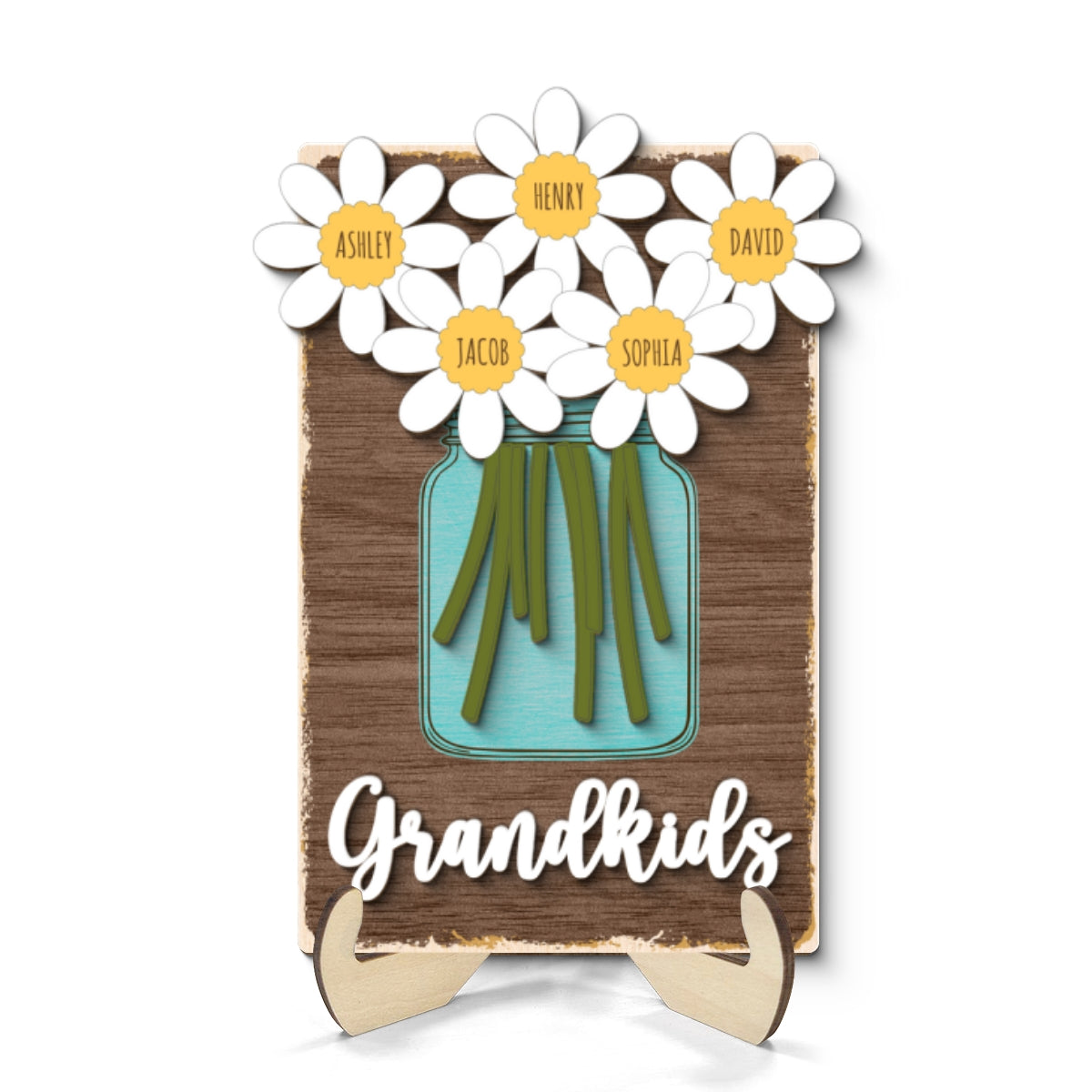 Grandkids Daisy Flowers Names Personalized 2-layer Wooden Plaque