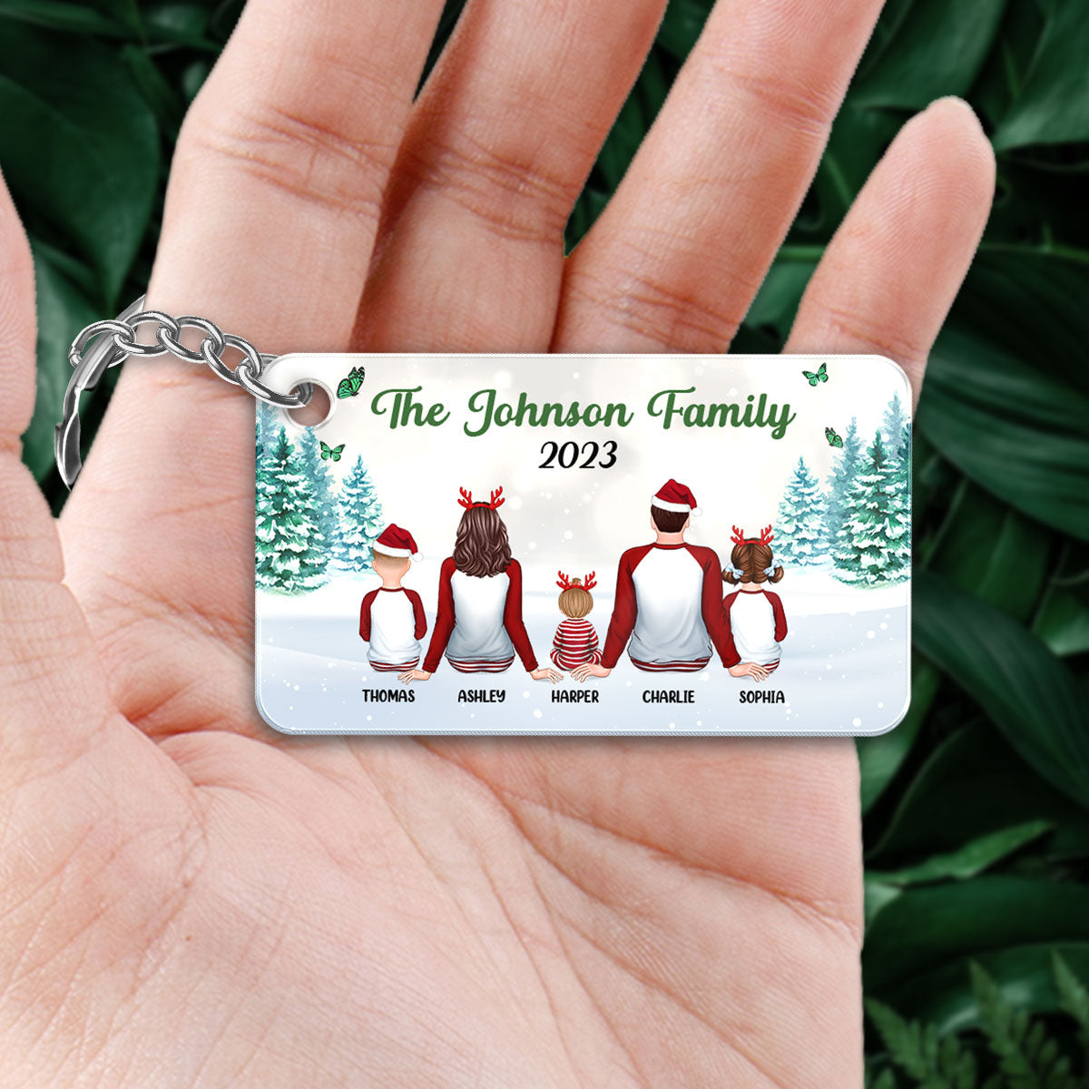 Family Sitting In Snow Christmas Personalized Acrylic Keychain