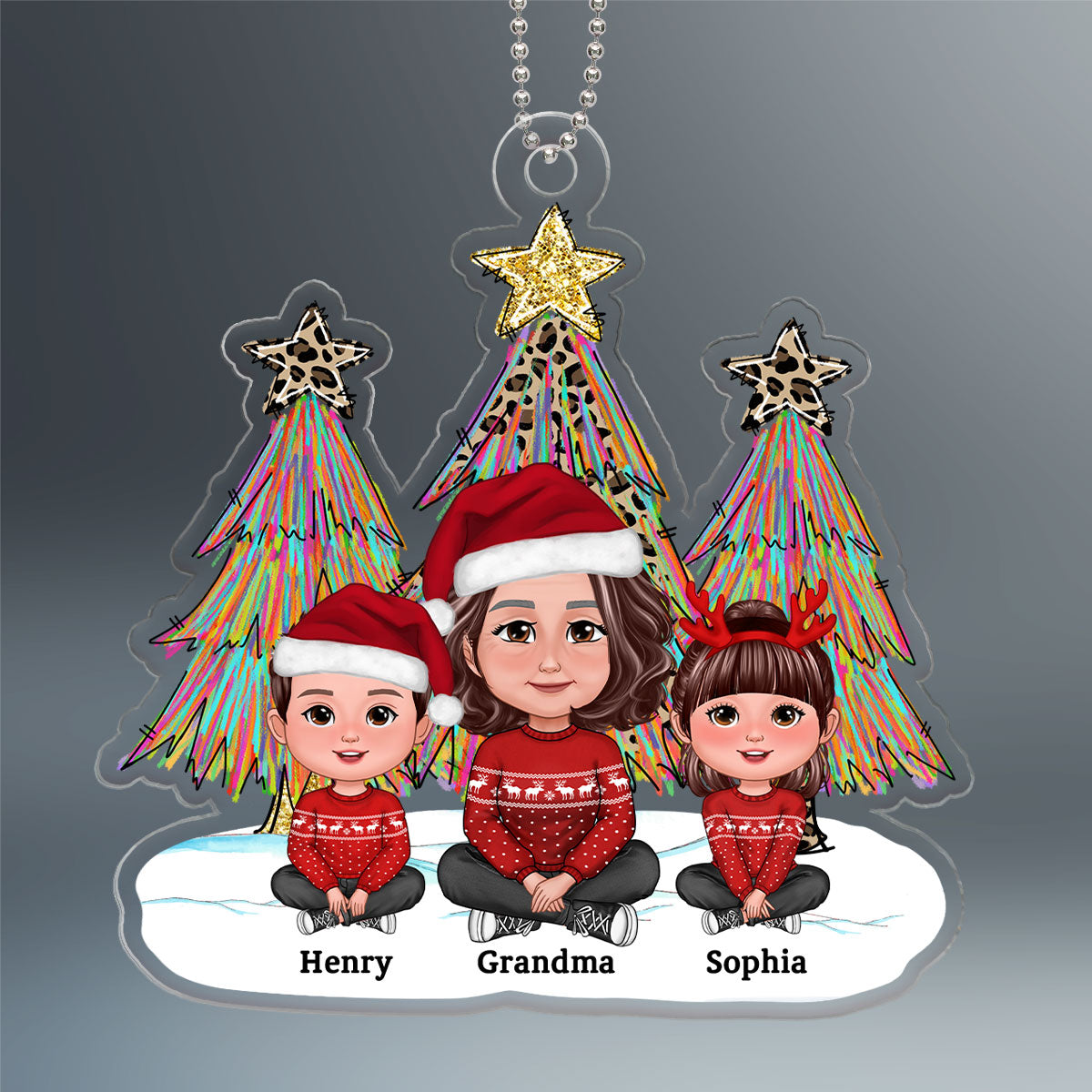 Leopard Colorful Christmas Tree Sketch Grandma Grandkids Personalized Acrylic Ornament