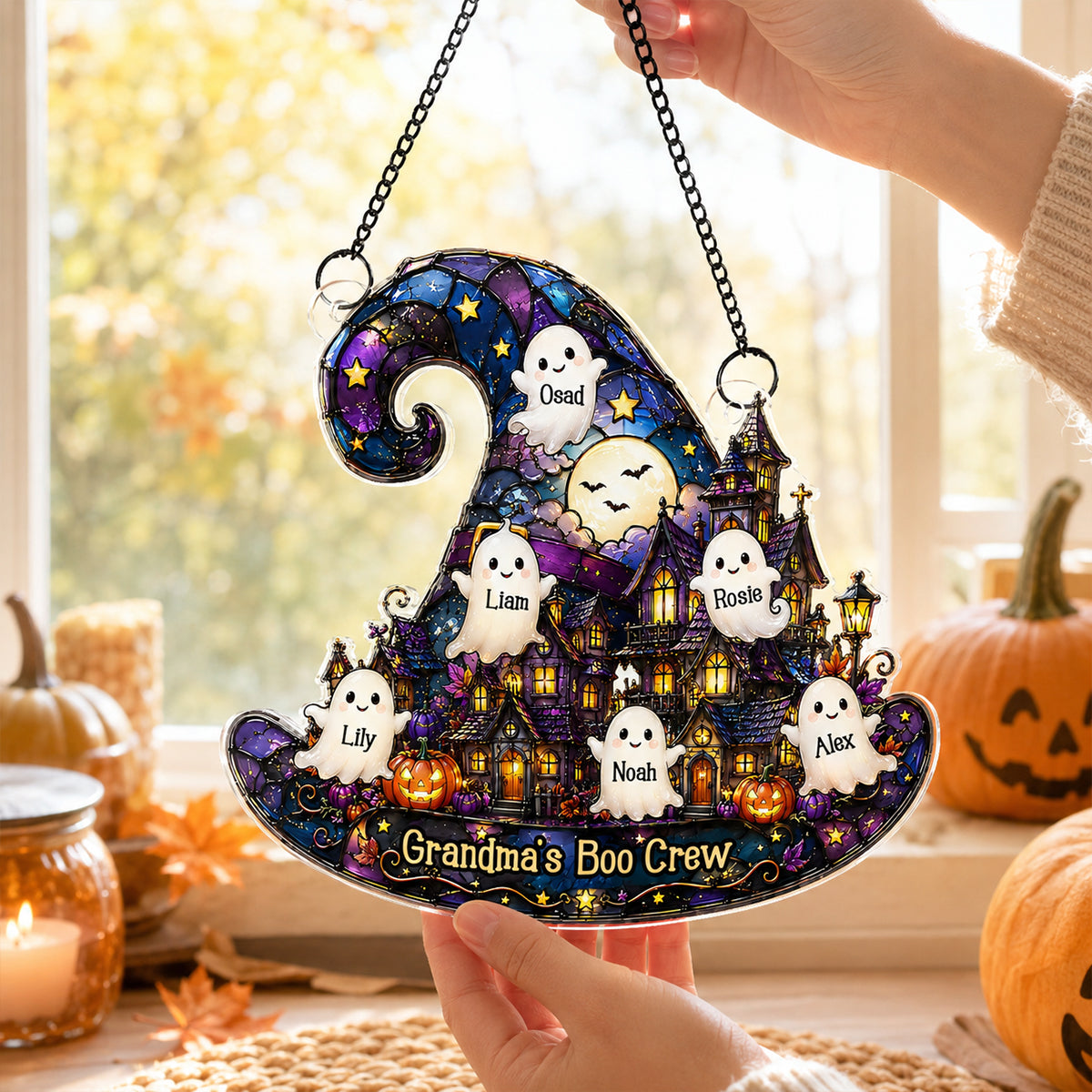 Halloween Village Witch Hat Grandma - Personalized Acrylic Window Hanging - Halloween Decor Gift, Gift For Grandma