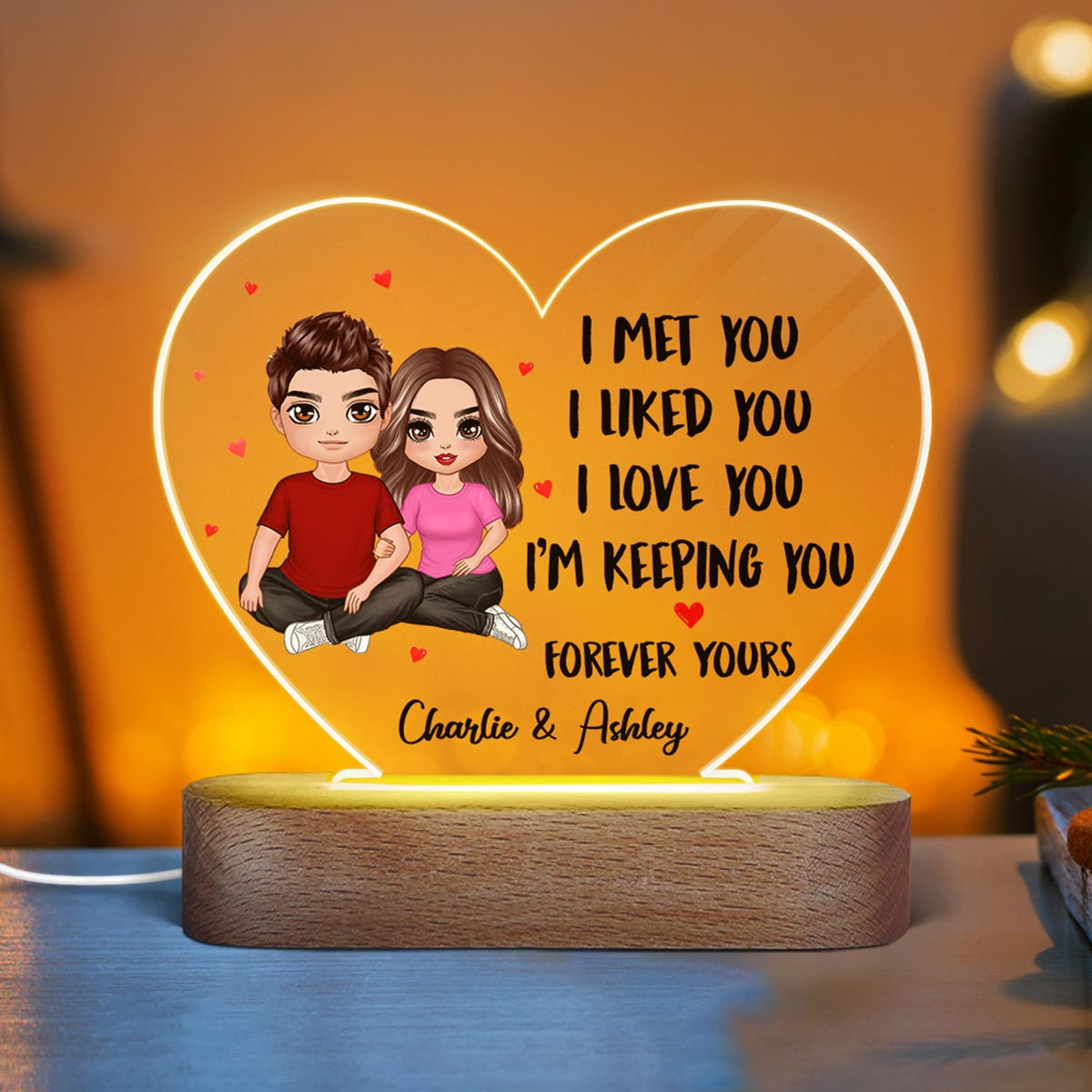 Embracing Doll Couple Sitting I Met You Gift For Him For Her Personalized Acrylic Heart Plaque LED Night Light