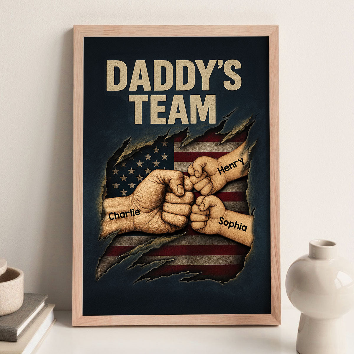 Daddy's Team Fist Bump Torned Flag Personalized Poster, Father's Day Gift for Dad