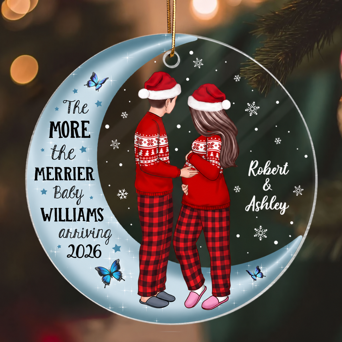 Pregnancy Custom Family On Moon, Expecting New Baby, Mom to be Gift Acrylic Circle Ornament