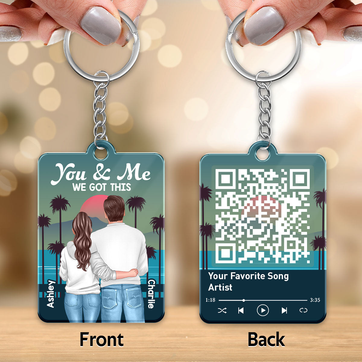 Retro Back View Couple Standing Hugging Favorite Song QR Code Personalized Acrylic Keychain