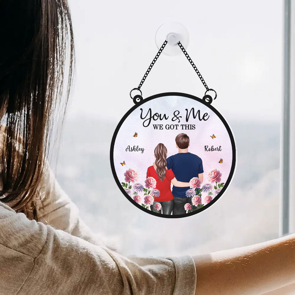 Couple Birth Month Flowers Personalized Suncatcher, Gift For Couple, Gift For Her
