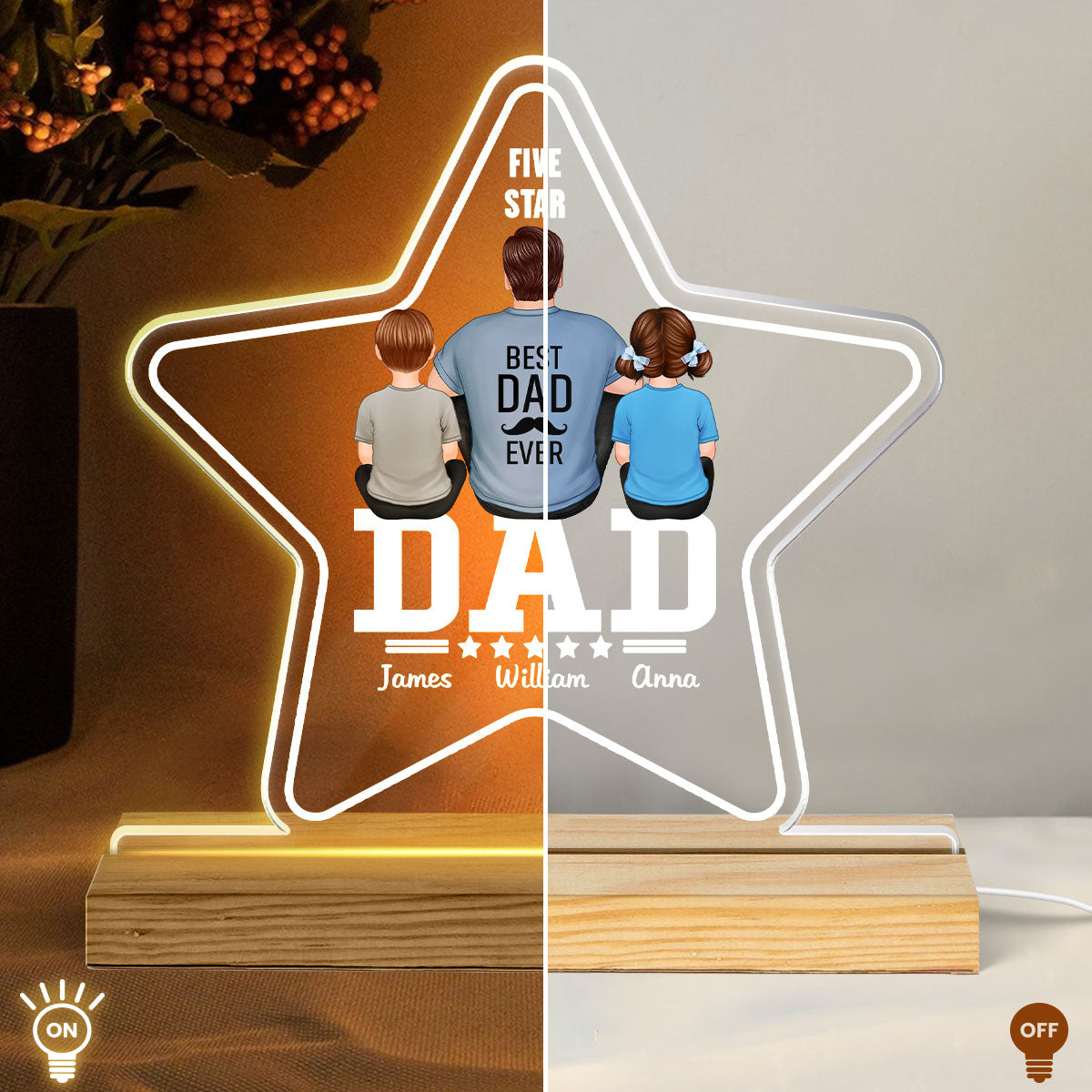 Five - Star Dad Back View Dad And Kids - Personalized Acrylic LED Night Light