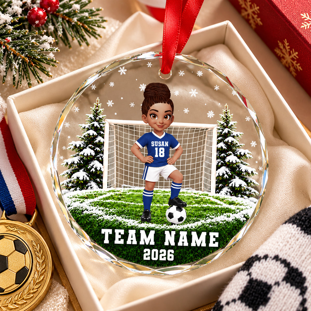 Soccer Player 2D Flat - Personalized Glass Ornament – Custom Boy & Girl Soccer Christmas Keepsake, Team Name & Year, Gift for Soccer Lovers