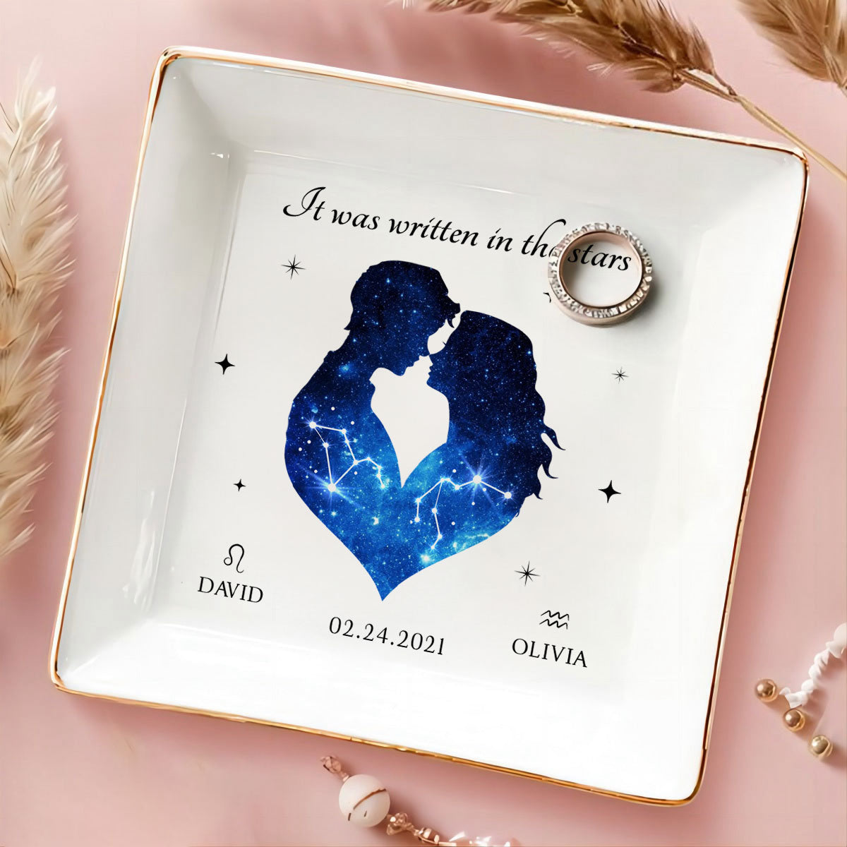 It Was Written In The Stars Hugging Couple Personalized Zodiac Constellation Jewelry Dish, Gift For Bride and Groom, Bridal Shower Gift, Anniversary Gift, Engagement Gift