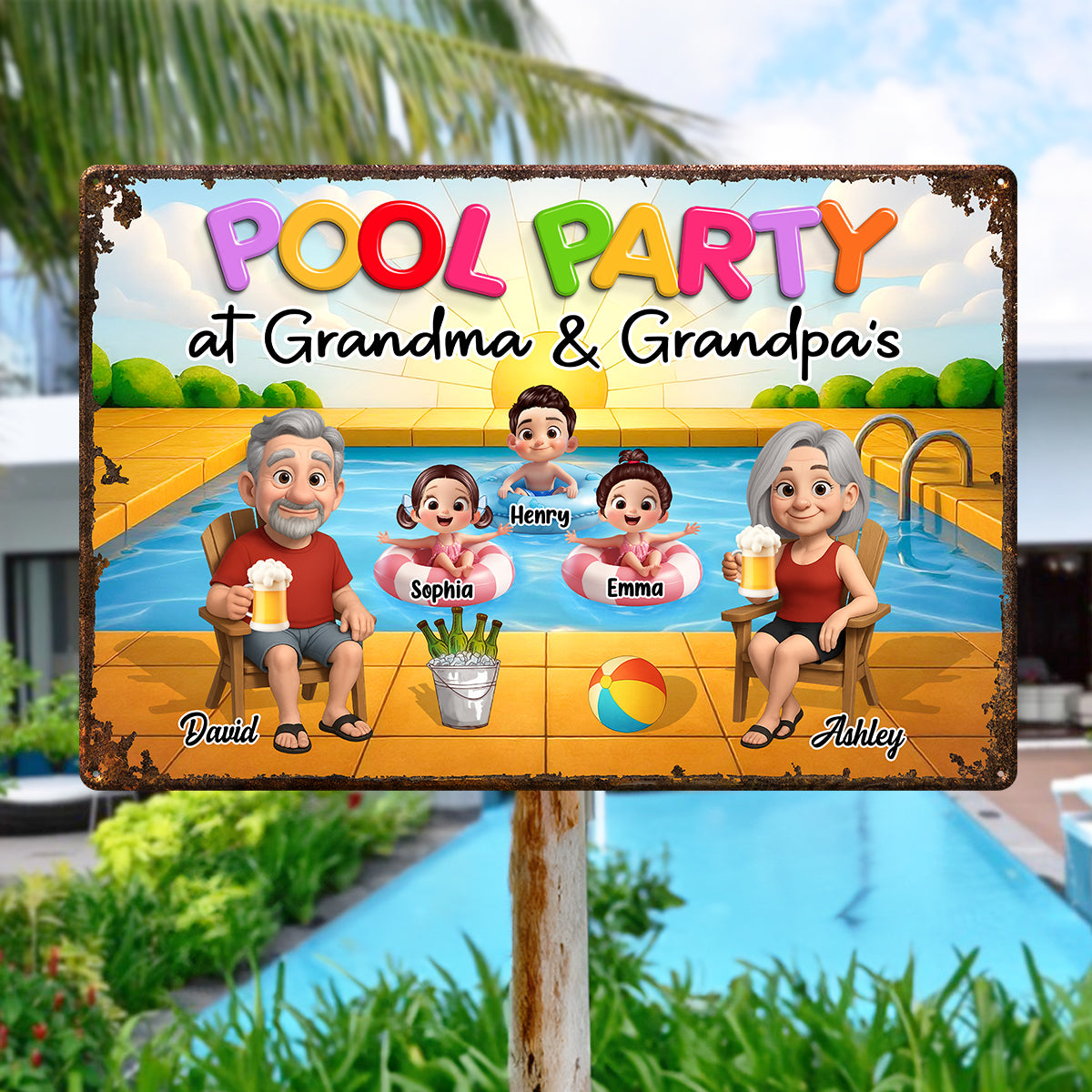 Pool Party At Grandma Grandpa Personalized Metal Sign, Grandparents Hosting Grandkids