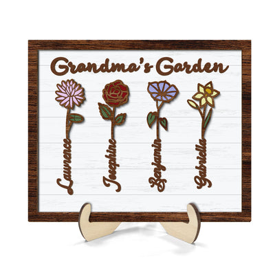 Grandma Mom Birth Month Flowers Love Grows Here Personalized 2-layer Wooden Plaque