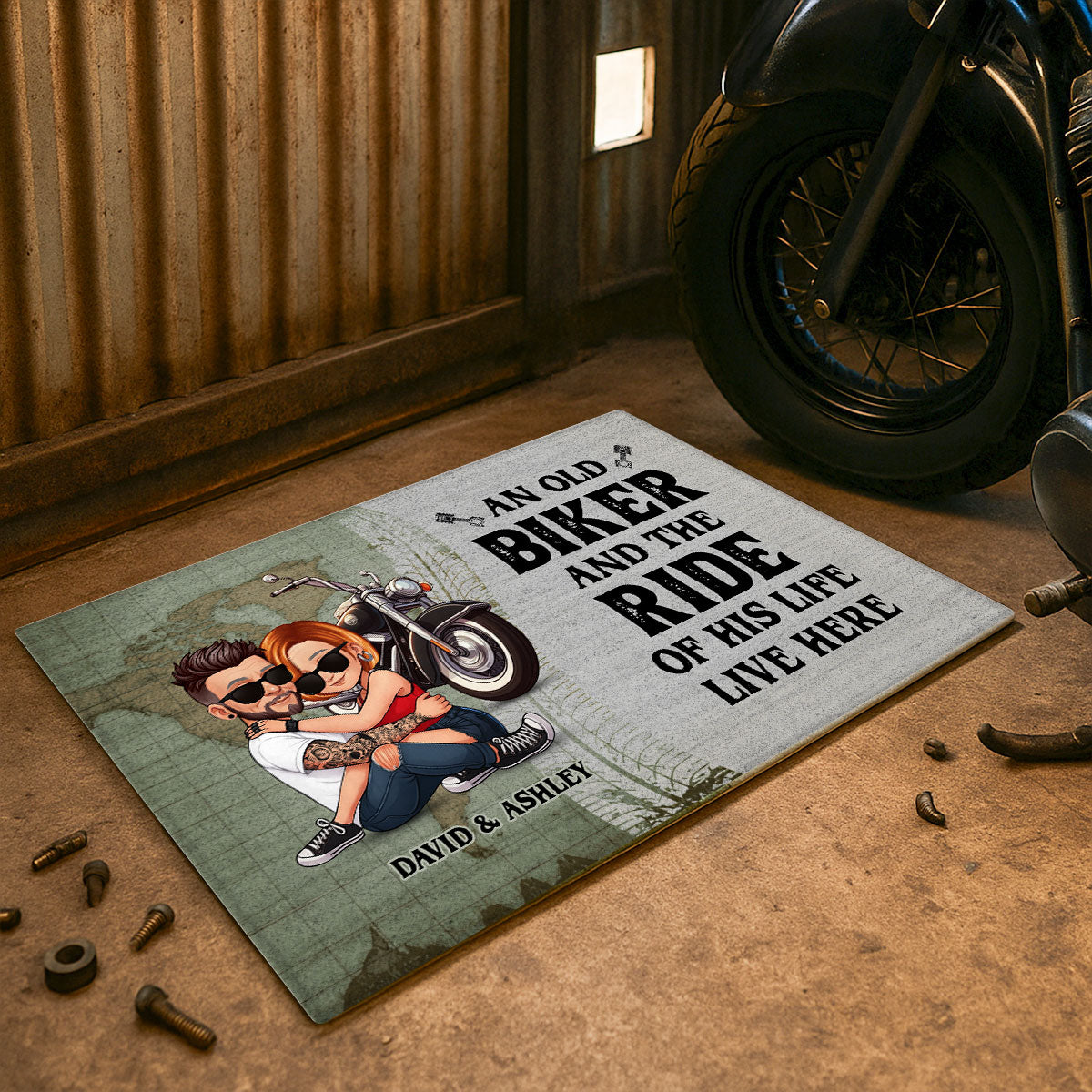 An Old Biker and the Ride of His Life Live Here Personalized Doormat, Custom Motorcycle Gift for Couples