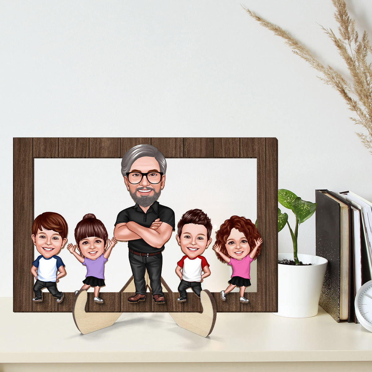 Dad Grandpa Kids Caricature Frame Personalized 2-Layer Wooden Plaque, Father's Day Gift For Dad, For Husband, For Him