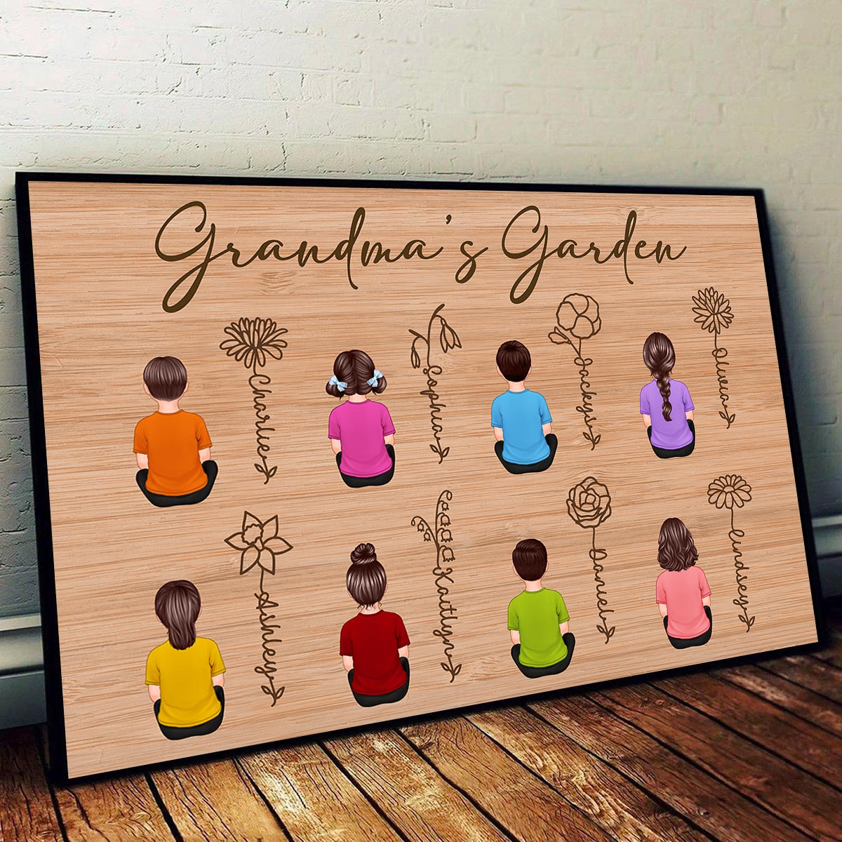 Grandkids Sitting Grandma Garden Outline Birth Month Flowers Mother‘s Day Gift Personalized Horizontal Poster
