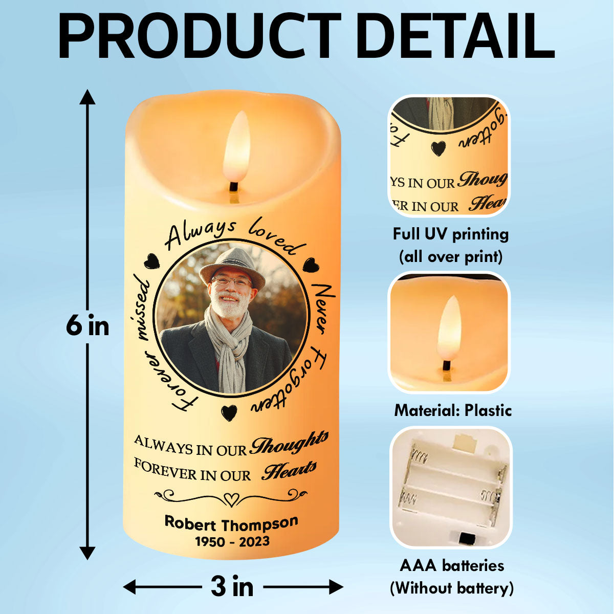 Always Loved Never Forgotten Memorial Personalized LED Candle, Custom Photo Sympathy Gift