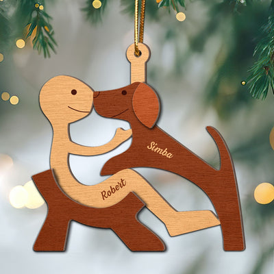 Man Woman And Dog Cat Illustration Personalized 2-Layer Wooden Ornament, Christmas Gift For Dog Lovers, Cat Lovers