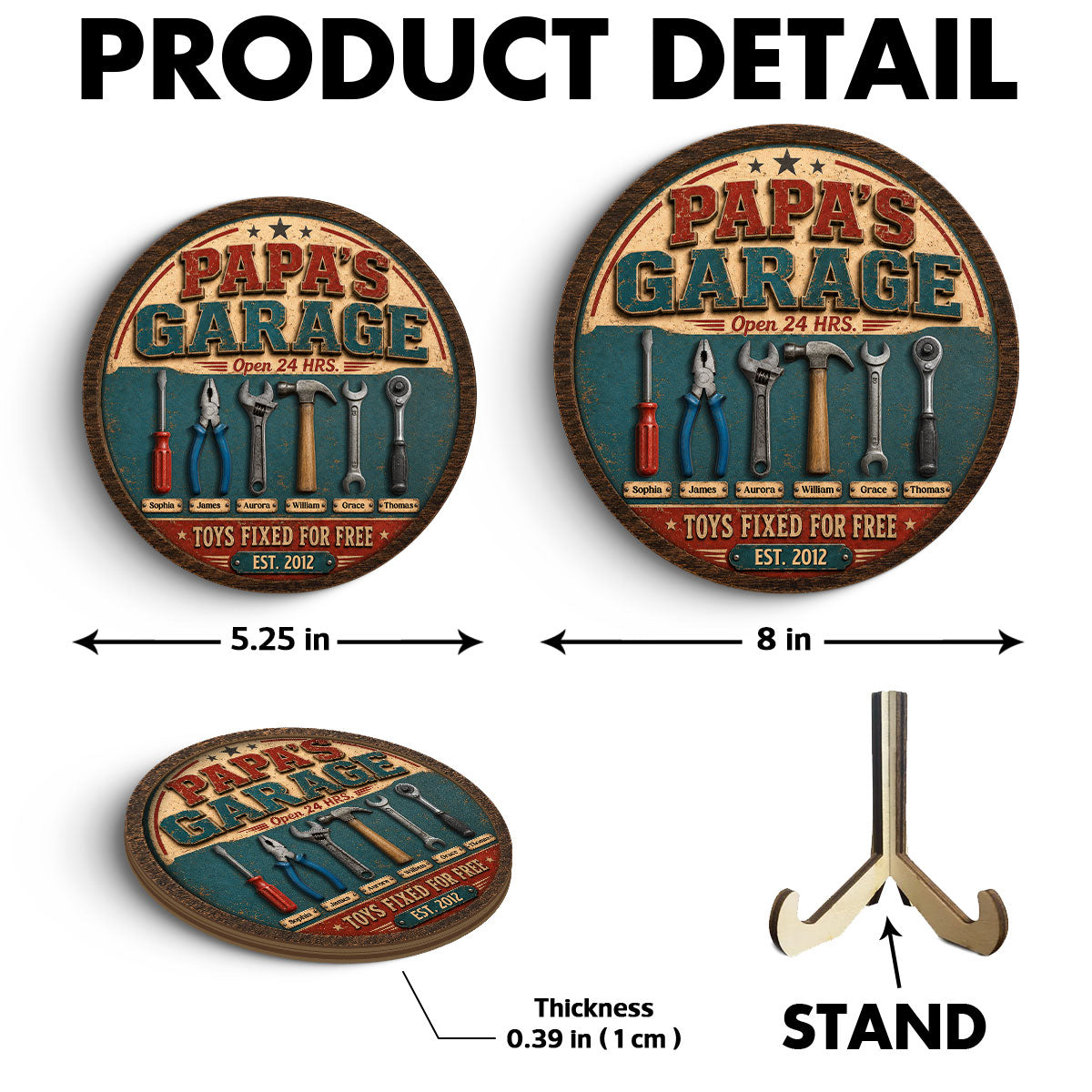 Papa Dad's Garage Toys Fixed For Free Custom Kid Name 2D Flat - Personalized 2-Layered Wooden Plaque - Father's Day Gift For Mechanic Dad, Grandpa