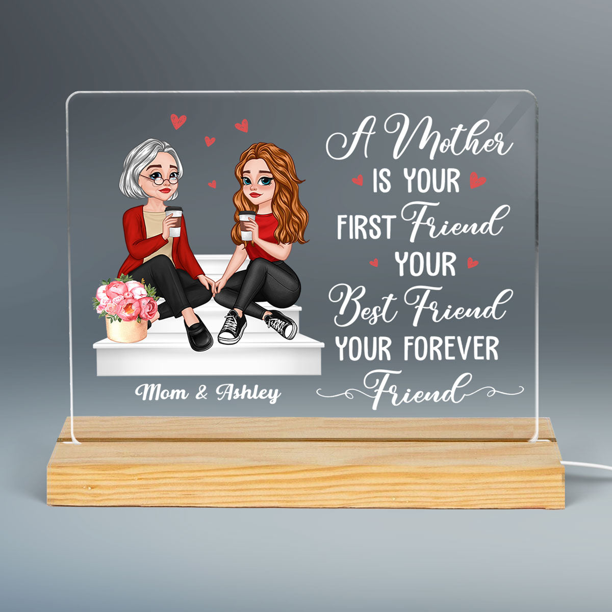 First Friend Best Friend Forever Friend Cartoon Mother Daughters Sitting On Stair Personalized Custom Shape LED Night Light