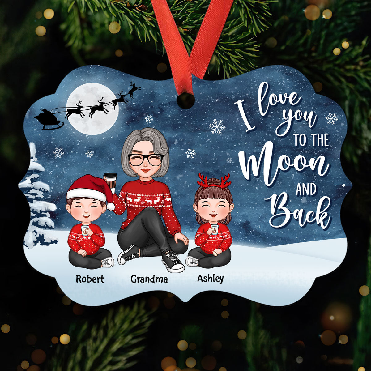 Cute Grandma Grandkids Sitting In Snow Night Personalized Christmas Ornament