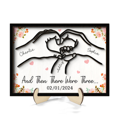 Family Of Three Heart Hand Personalized 2-Layer Wooden Plaque, Gift For New Mom New Dad