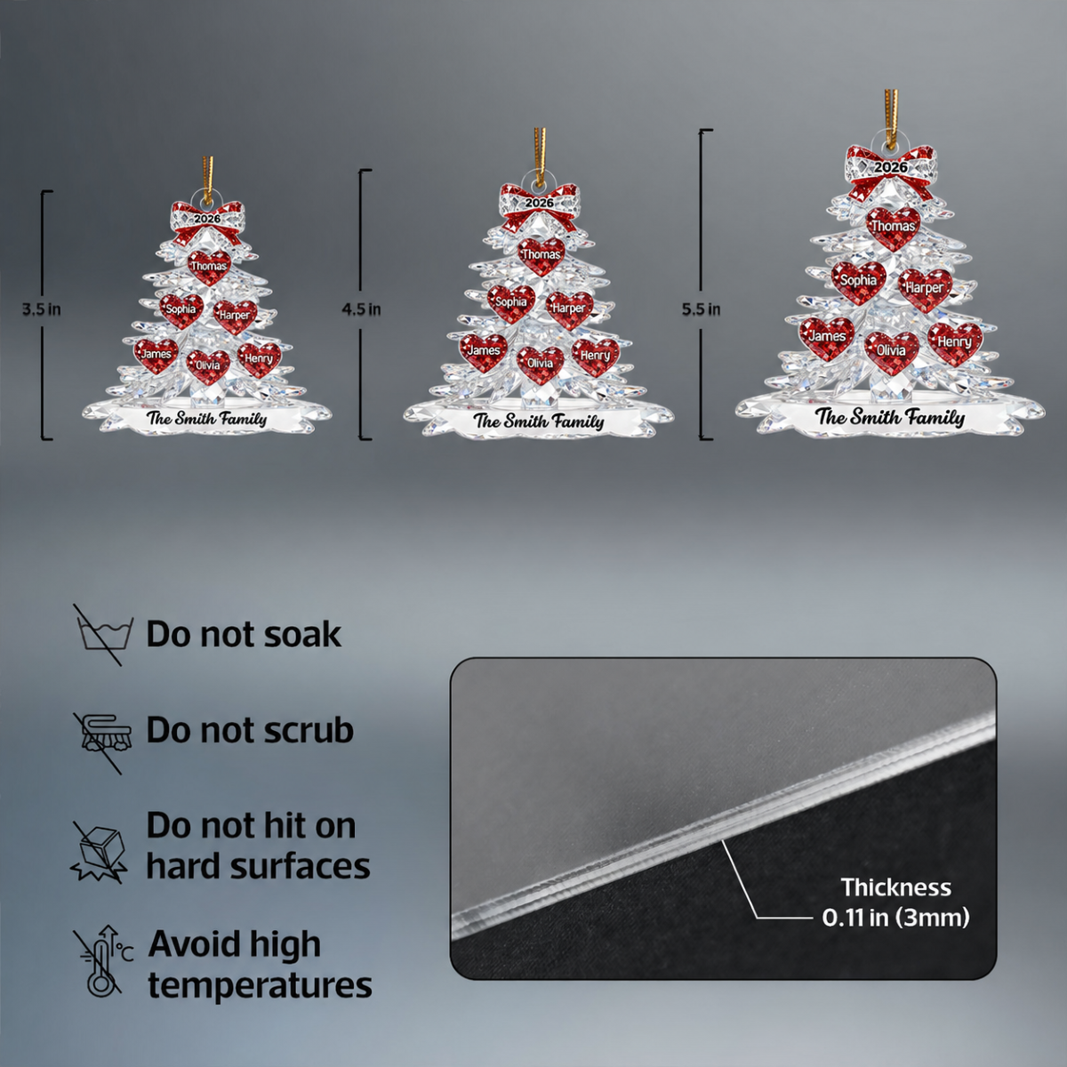 3D Effect Flat Family Christmas Tree Hearts Names - Personalized Acrylic Ornament - Gift For Family