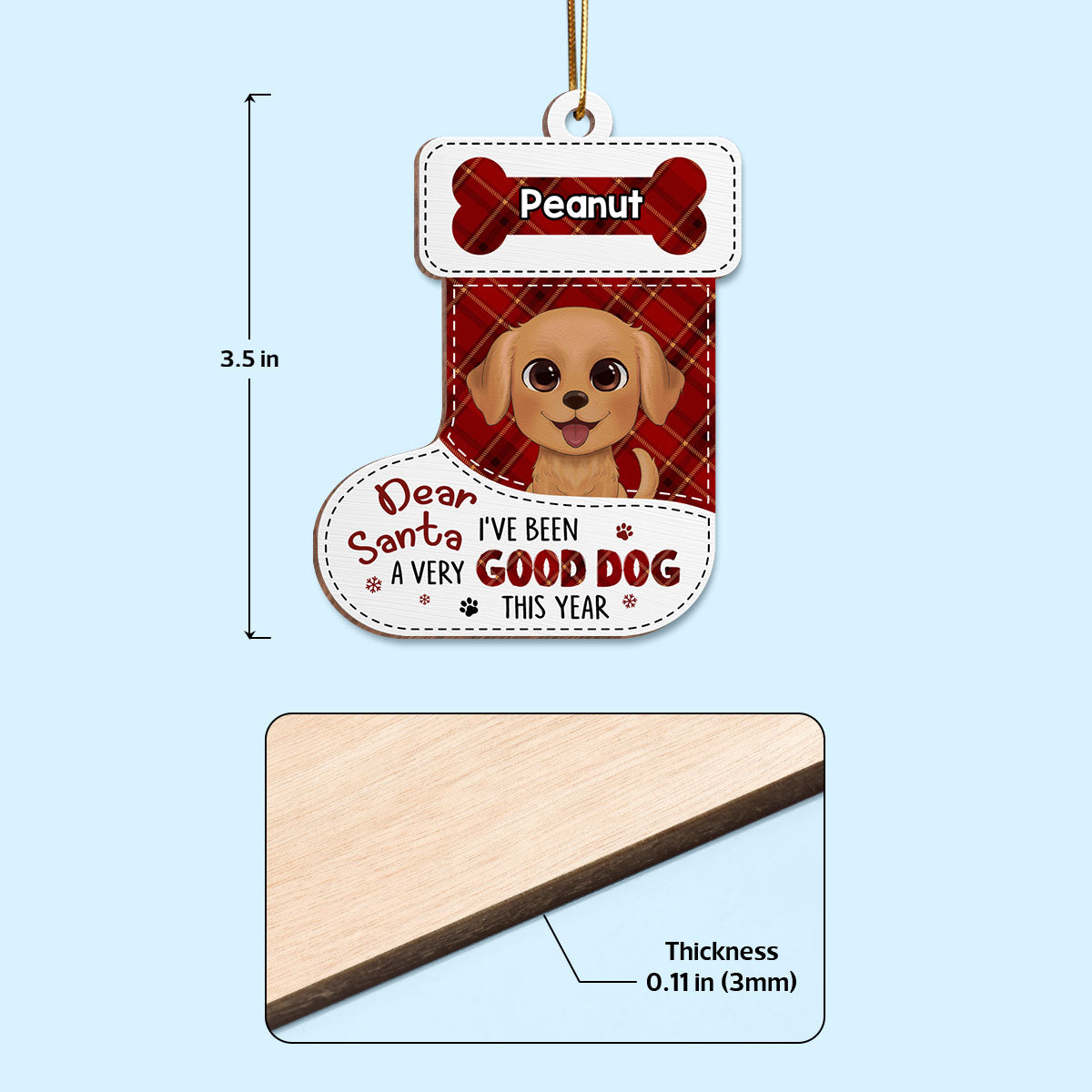 Dear Santa Watercolor Cute Dogs Stocking Shape Personalized Wooden Ornament